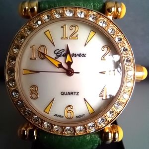 Genevex Women Silver Tone Pave Crystal Bezel Quartz Watch